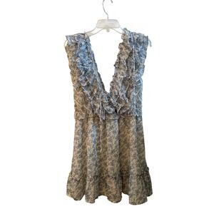 Storia Womens Blue Floral Ruffle Deep V-Neck Mini Dress Sleeveless Size M